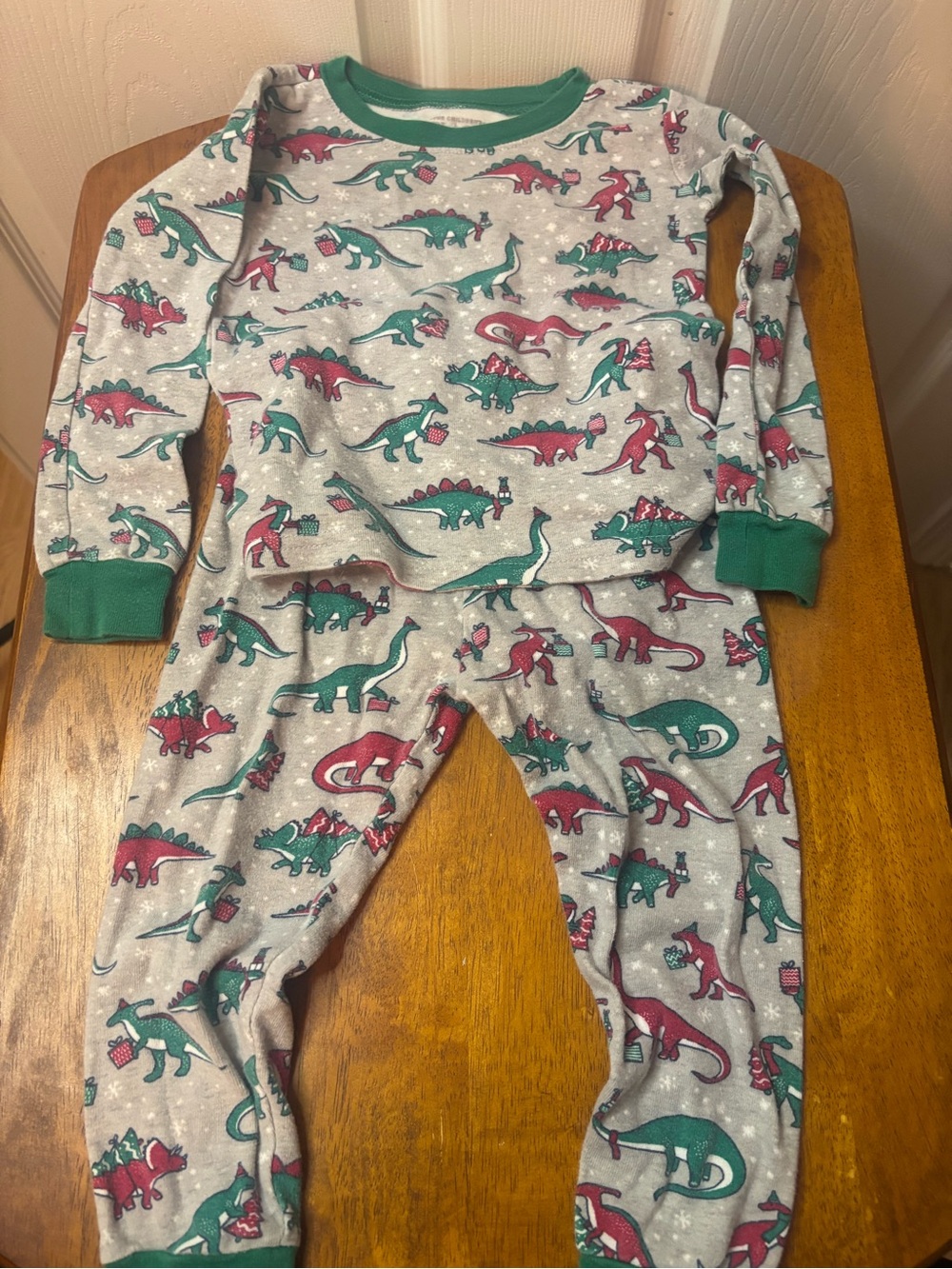 The Children's Place Grey Pajama Set with Green & Red Dinosaur Print